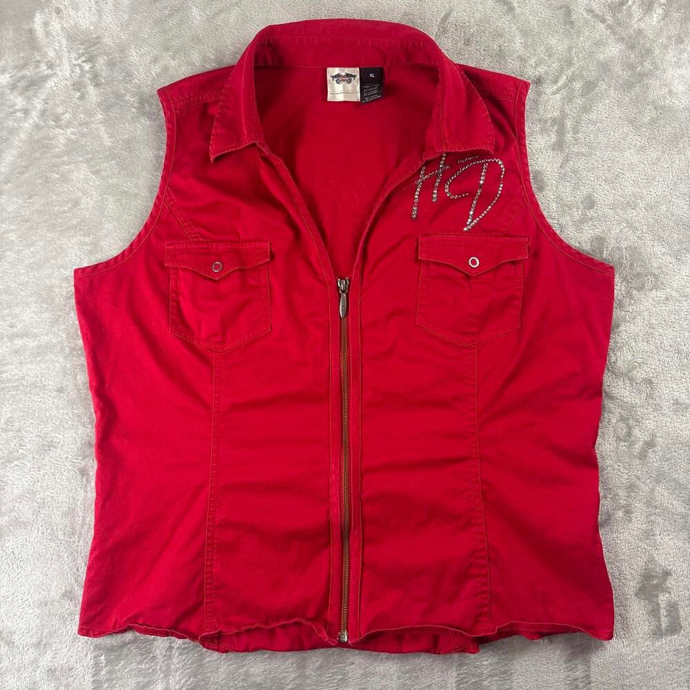 Harley-Davidson Women’s Red Rhinestone Zip Front Vest Size XL Y2K Biker
